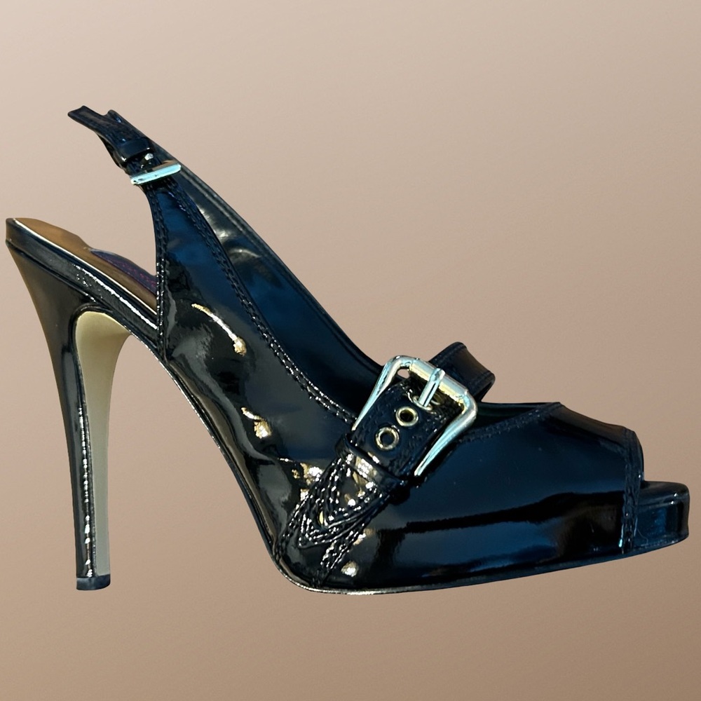 Patent Leather Peep-toe Slingback Stilettos; vintage; size 6